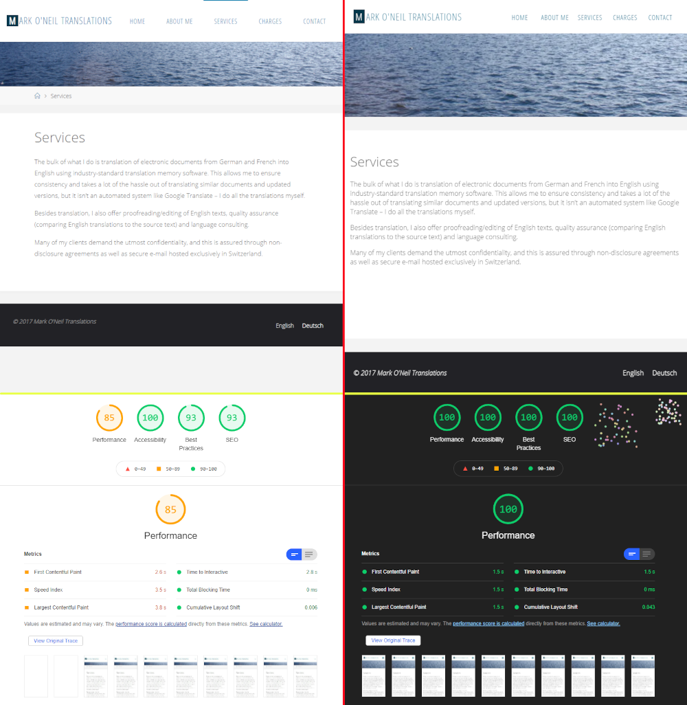 Side-by-side comparison of old and new websites showing 100% lighthouse scores across the board for new website